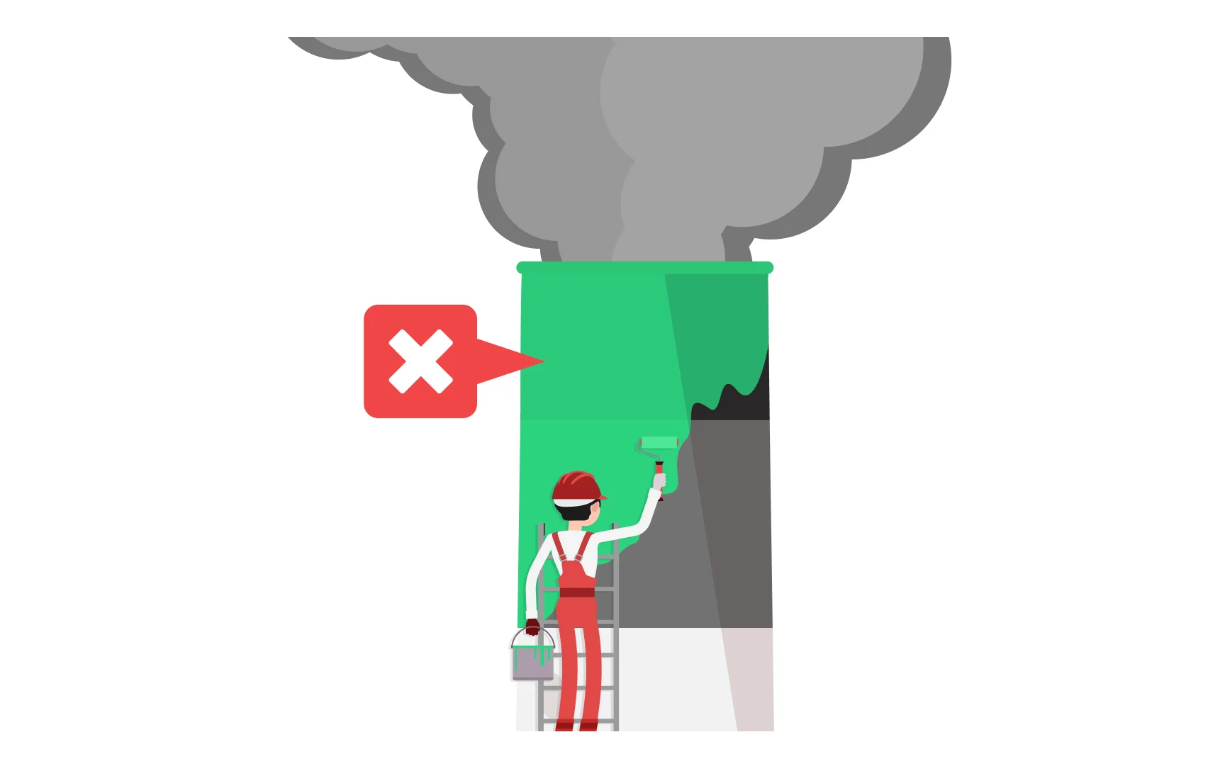 Pracovník v červeném obleku maluje zelenou fasádu budovy, která vypouští šedý kouř, s červeným znakem X symbolizujícím greenwashing
